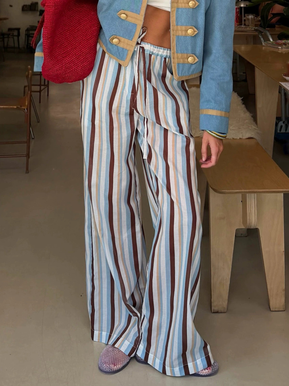 ZARA French Vintage Striped High Waist Wide Leg Flowy Relaxed Drawstring Pants